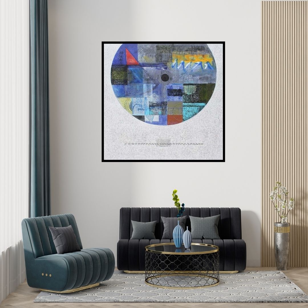 Preview of 'Untitled 31 (Lunar Eclipse)' Painting by Vivek Nimbolkar shown on a wall in a furnished room.