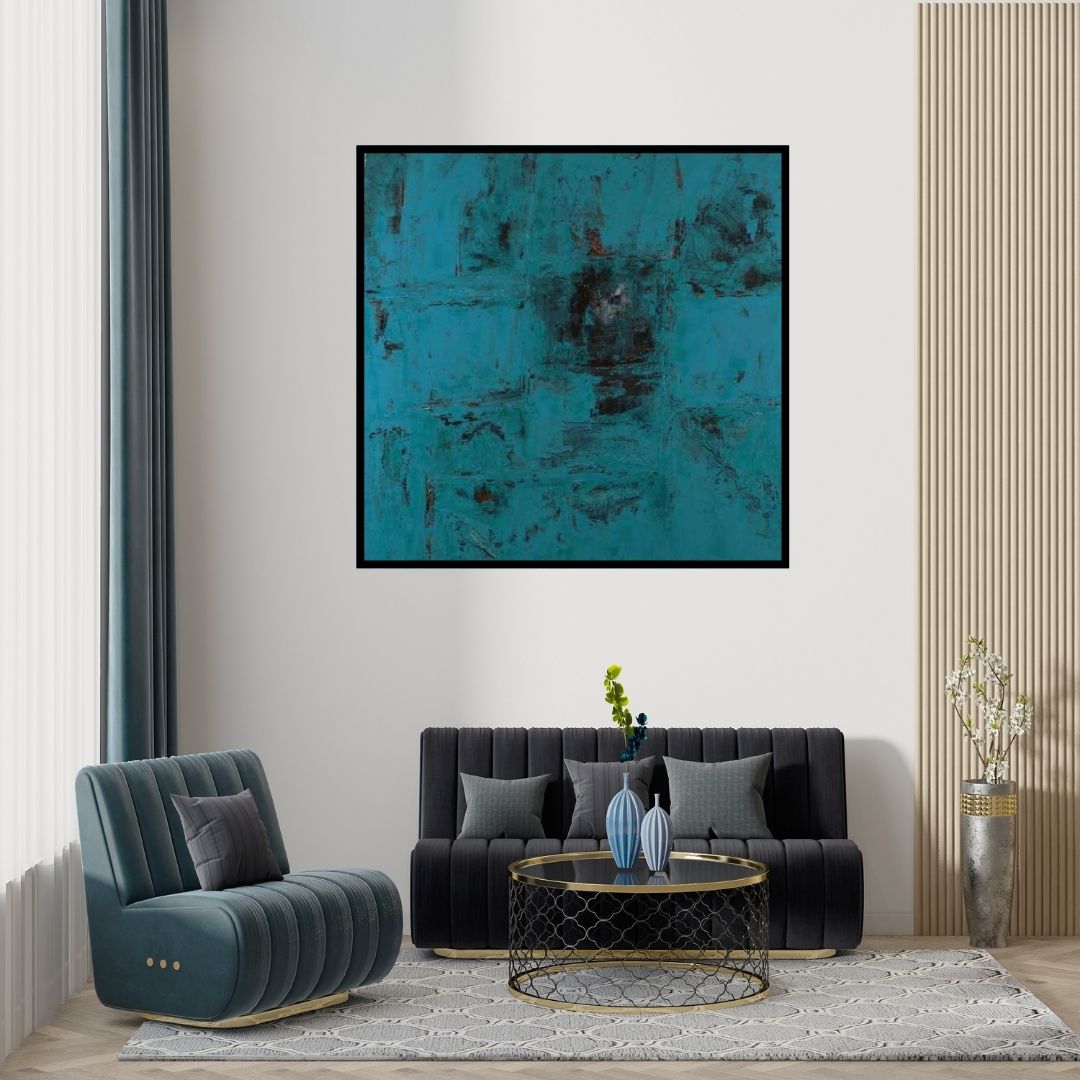 Preview of 'Untitled 31 (Azure Abyss)' Painting by Vipta Kapadia shown on a wall in a furnished room.