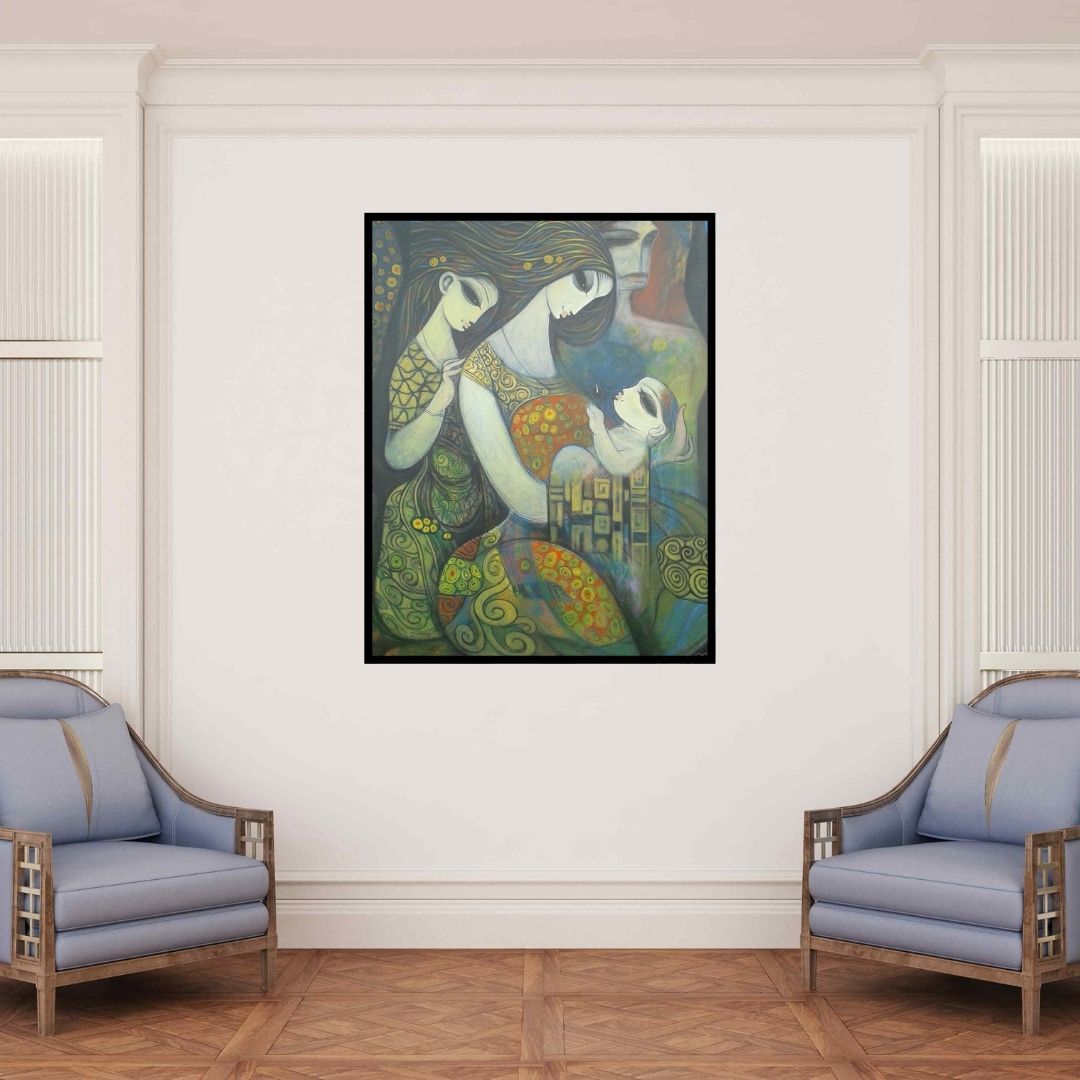 In-situ view of Ramesh Gujar's 'Untitled (The Tapestry of Motherhood)' painting in a room