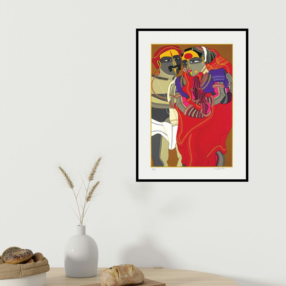 Thota Vaikuntam's 'Untitled' painting visualized above a sofa in a contemporary room.