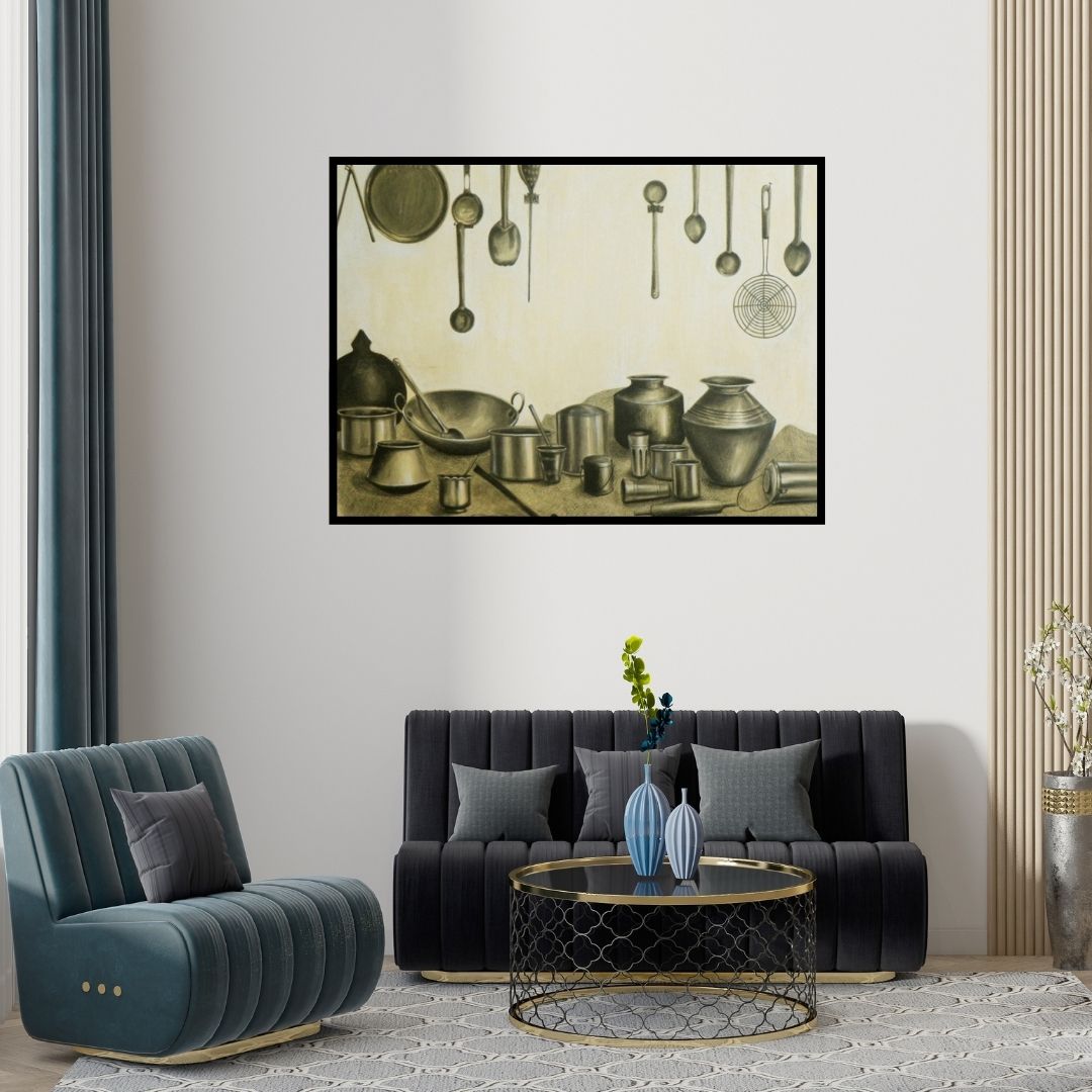 Preview of 'Untitled' Painting by Divya Chinni shown on a wall in a furnished room.