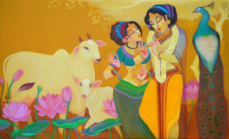 Untitled 32' religious acrylic painting by artist Prabhakar Ahobilam, 36x60 inch, on canvas