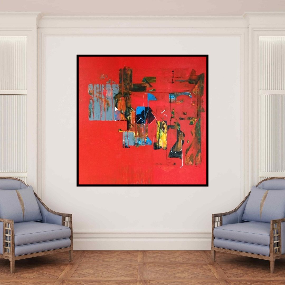 In-situ view of Vivek Nimbolkar's 'Untitled 32 (Urban Labyrinth)' painting in a room