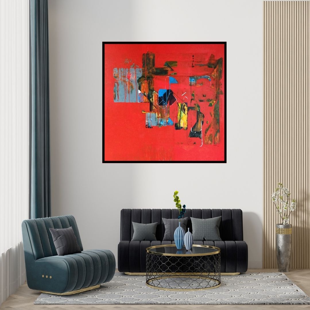 Preview of 'Untitled 32 (Urban Labyrinth)' Painting by Vivek Nimbolkar shown on a wall in a furnished room.
