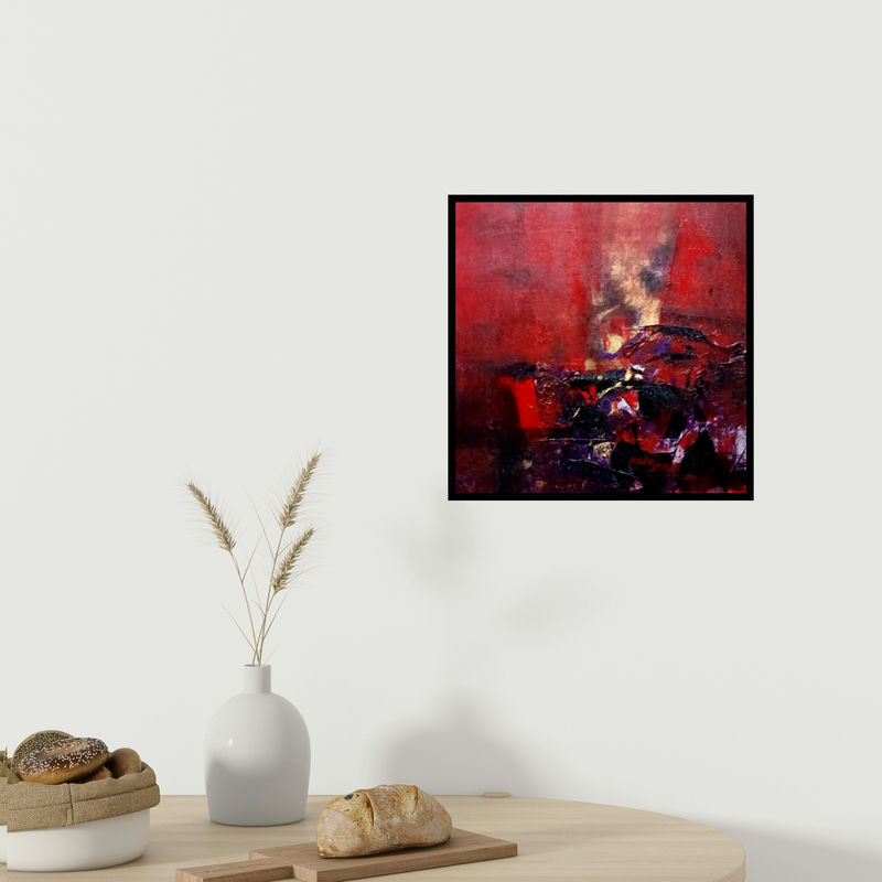 In-situ view of Dnyaneshwar Dhavale's 'Untitled (Crimson Abstraction)' painting in a room