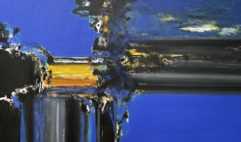 Untitled 33' abstract acrylic painting by artist Chaitan Bhosale, 36x60 inch, on canvas