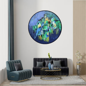 Preview of 'Untitled 33 (Cosmic Bloom)' Painting by Anuja Paturkar shown on a wall in a furnished room.