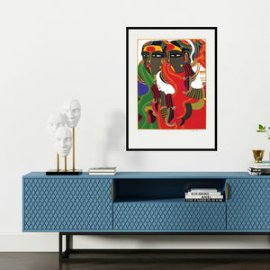 'Untitled' painting by Thota Vaikuntam shown on a wall in a furnished room.
