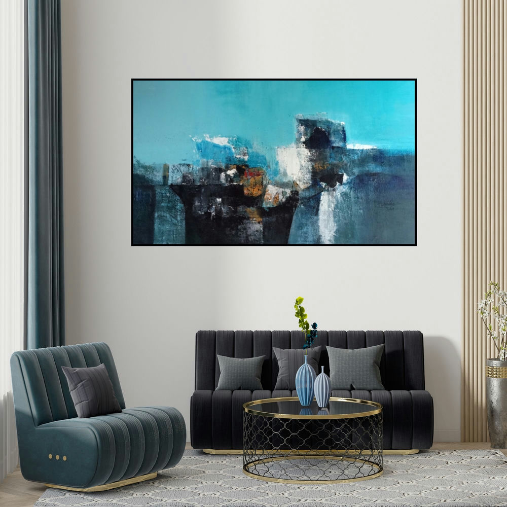 Dnyaneshwar Dhavale's 'Untitled' painting visualized above a sofa in a contemporary room.