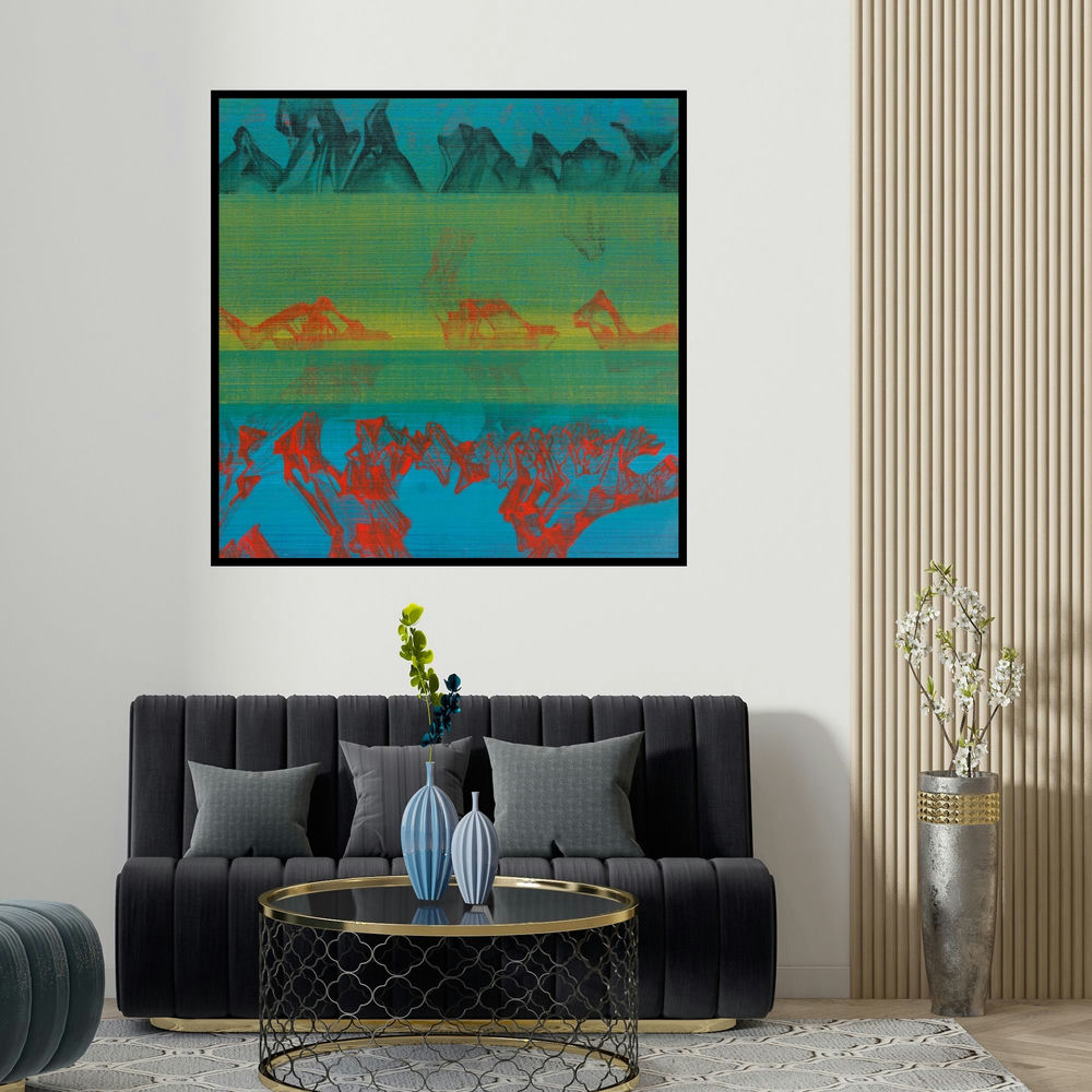 Chandan Bhowmick's 'Untitled 34 (Blue Green Red)' painting visualized above a sofa in a contemporary room.