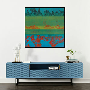 'Untitled 34 (Blue Green Red)' painting by Chandan Bhowmick shown on a wall in a furnished room.