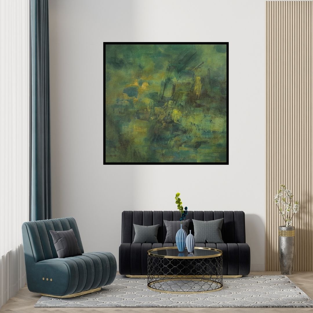 Preview of 'Untitled 34 (Verdant Depths)' Painting by Vipta Kapadia shown on a wall in a furnished room.