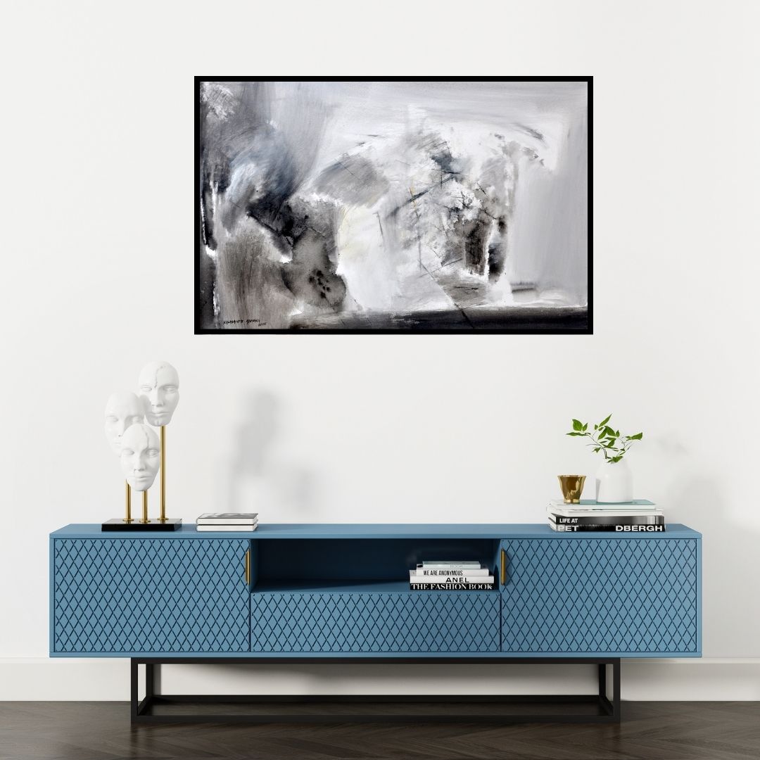 Preview of 'Untitled (The Veil of Time)' Painting by Balasaheb Abhang shown on a wall in a furnished room.