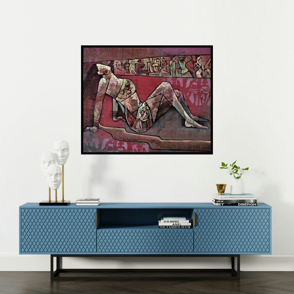 Zalak Bheda's 'Untitled (Reclining Figure)' painting visualized above a sofa in a contemporary room.