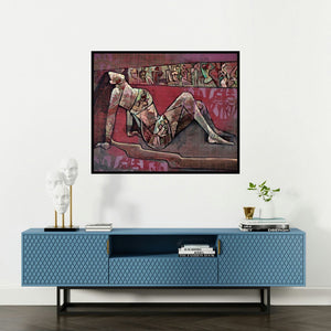 Zalak Bheda's 'Untitled (Reclining Figure)' painting visualized above a sofa in a contemporary room.
