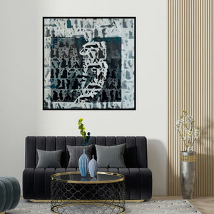 Zalak Bheda's 'Untitled (Abstract Figure in Monochrome)' painting visualized above a sofa in a contemporary room.