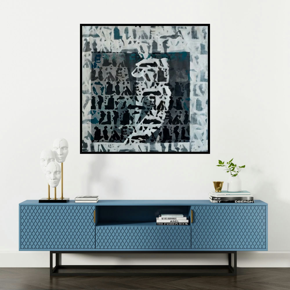 'Untitled (Abstract Figure in Monochrome)' painting by Zalak Bheda shown on a wall in a furnished room.