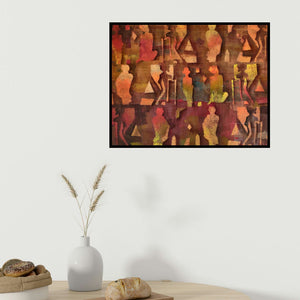 Zalak Bheda's 'Untitled (Abstract Gathering)' painting visualized above a sofa in a contemporary room.