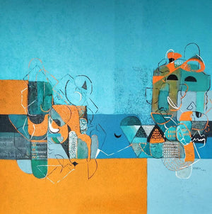 Untitled 36 (Coastal Reflections) by Vivek Nimbolkar, Original Acrylic Abstract Painting on Canvas, Small Square Wall Art