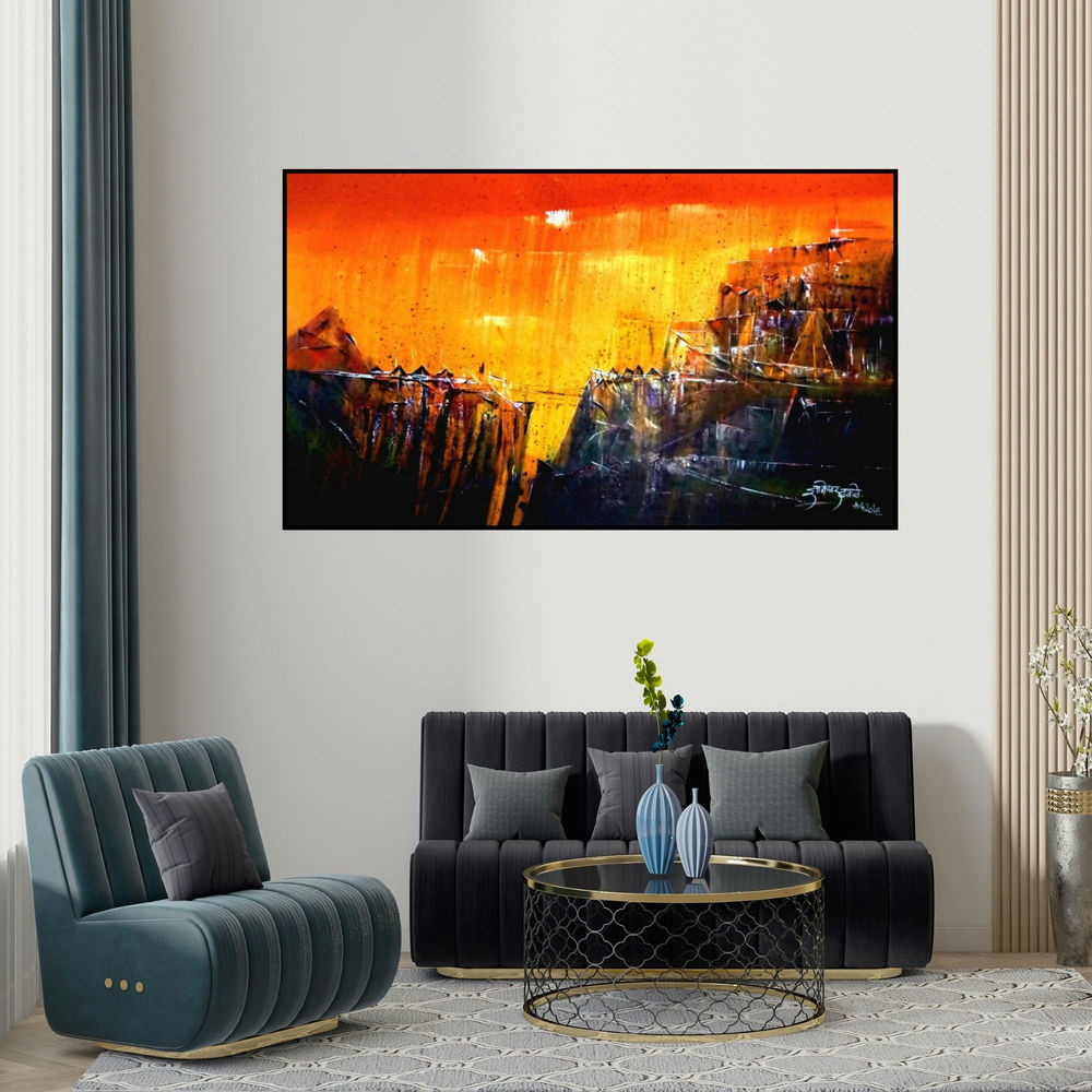 Dnyaneshwar Dhavale's 'Untitled 36 X 60 In Gallery Img' painting visualized above a sofa in a contemporary room.