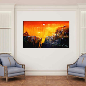 'Untitled 36 X 60 In Gallery Img' painting by Dnyaneshwar Dhavale shown on a wall in a furnished room.