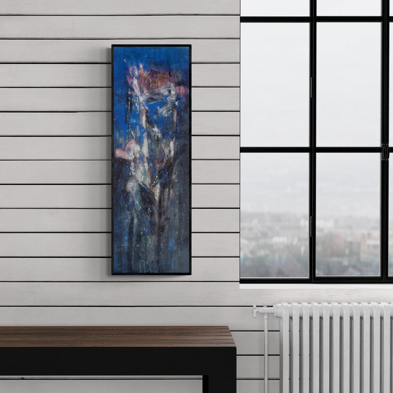 Preview of 'Untitled (Emergence)' Painting by Dnyaneshwar Dhavale shown on a wall in a furnished room.