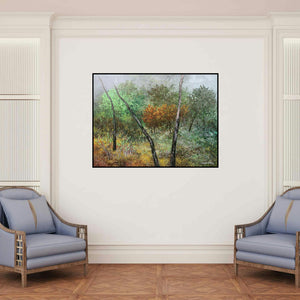 'Untitled (Forest Secrets)' painting by Surya Prakash shown on a wall in a furnished room.