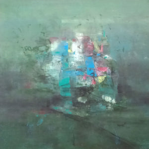 In-situ view of Dnyaneshwar Dhavale's 'Untitled (Glimpse Through the Fog)' painting in a room