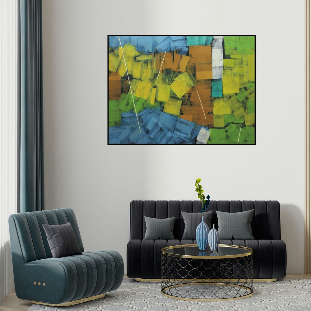 Sudhir Talmale's 'Untitled 38' painting visualized above a sofa in a contemporary room.