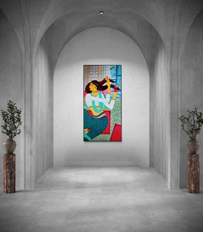 Preview of 'Untitled (Morning Ritual)' Painting by Jayprakash Jagtap shown on a wall in a furnished room.