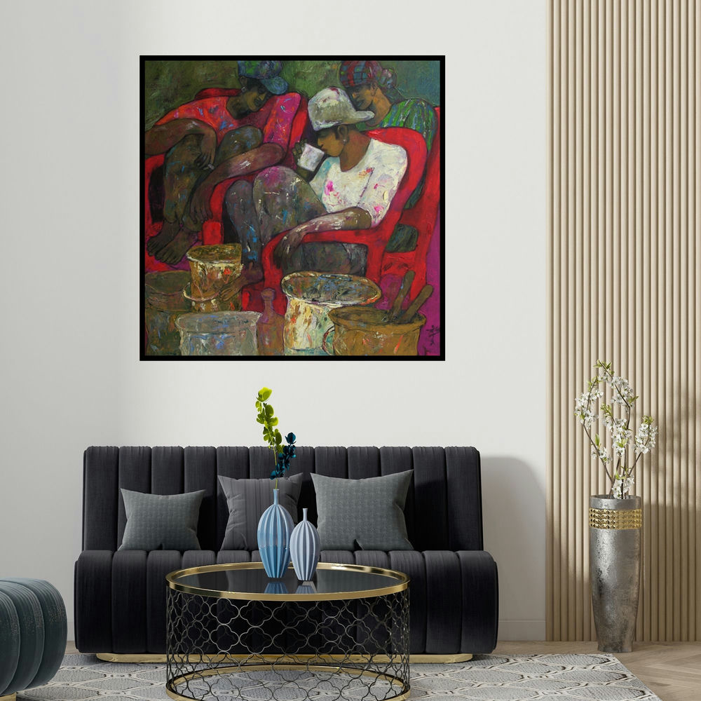 Chandramohan Kulkarni's 'Untitled' painting visualized above a sofa in a contemporary room.