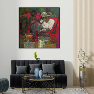 Chandramohan Kulkarni's 'Untitled' painting visualized above a sofa in a contemporary room.