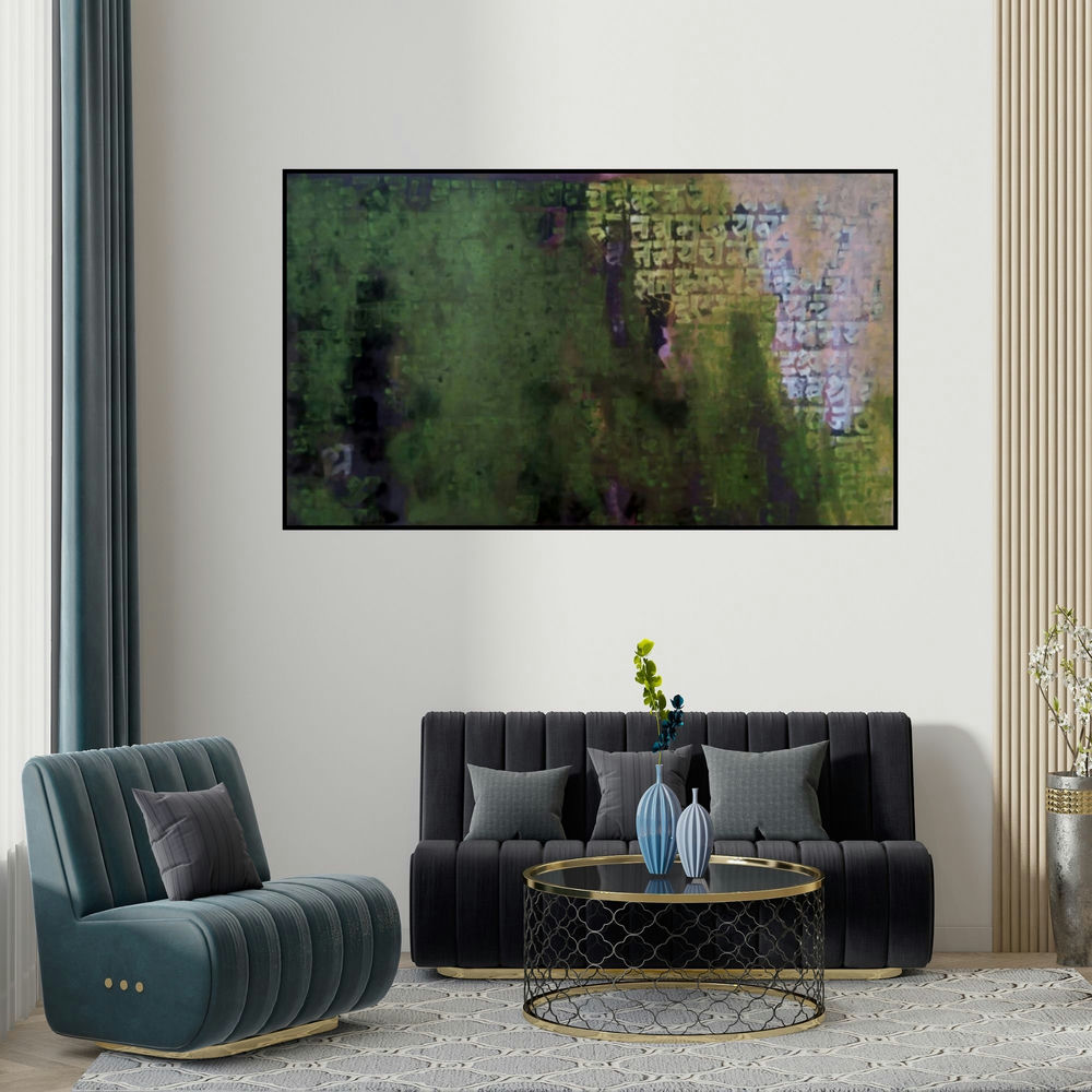 Ashutosh Apte's 'Untitled 4 (Verdant Echoes)' painting visualized above a sofa in a contemporary room.