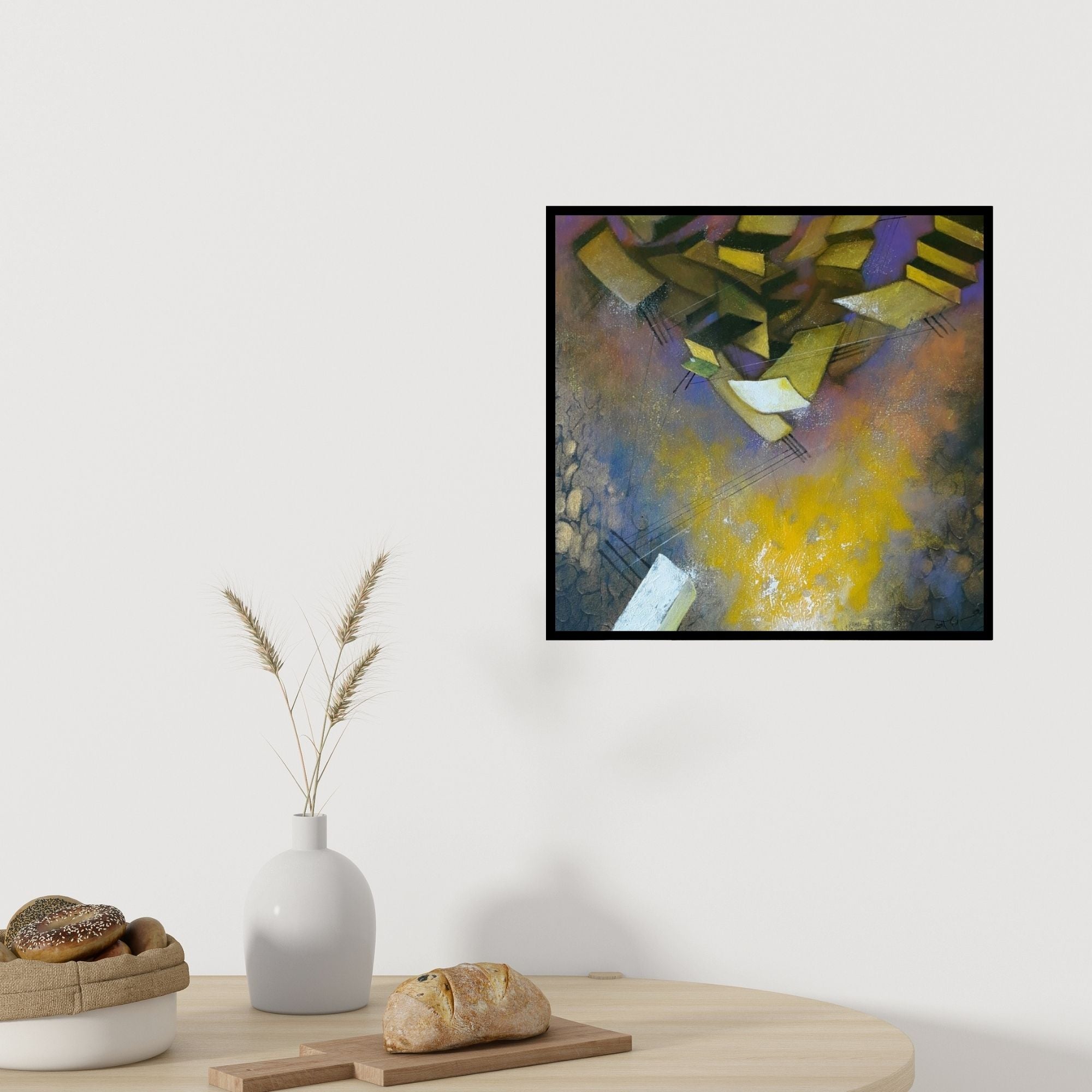 Preview of 'Untitled 4 (Cosmic Symphony)' Painting by Vijayraaj Bodhankar shown on a wall in a furnished room.