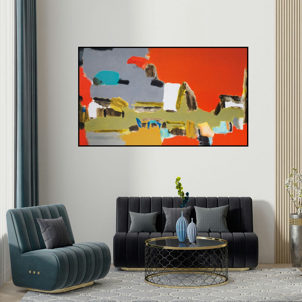 Vikas Malhara's 'Untitled 4 (The Dance of Colors)' painting visualized above a sofa in a contemporary room.