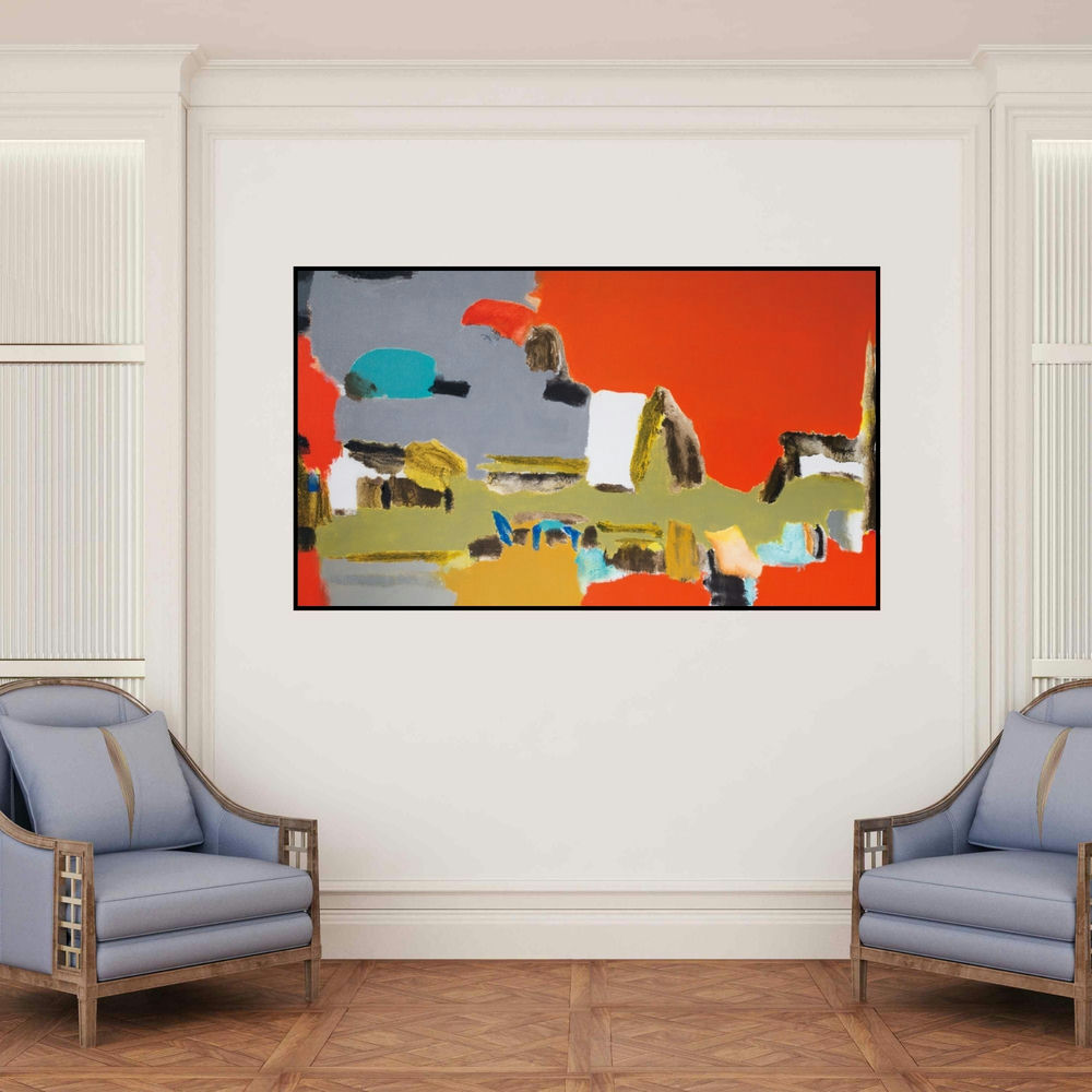 'Untitled 4 (The Dance of Colors)' painting by Vikas Malhara shown on a wall in a furnished room.