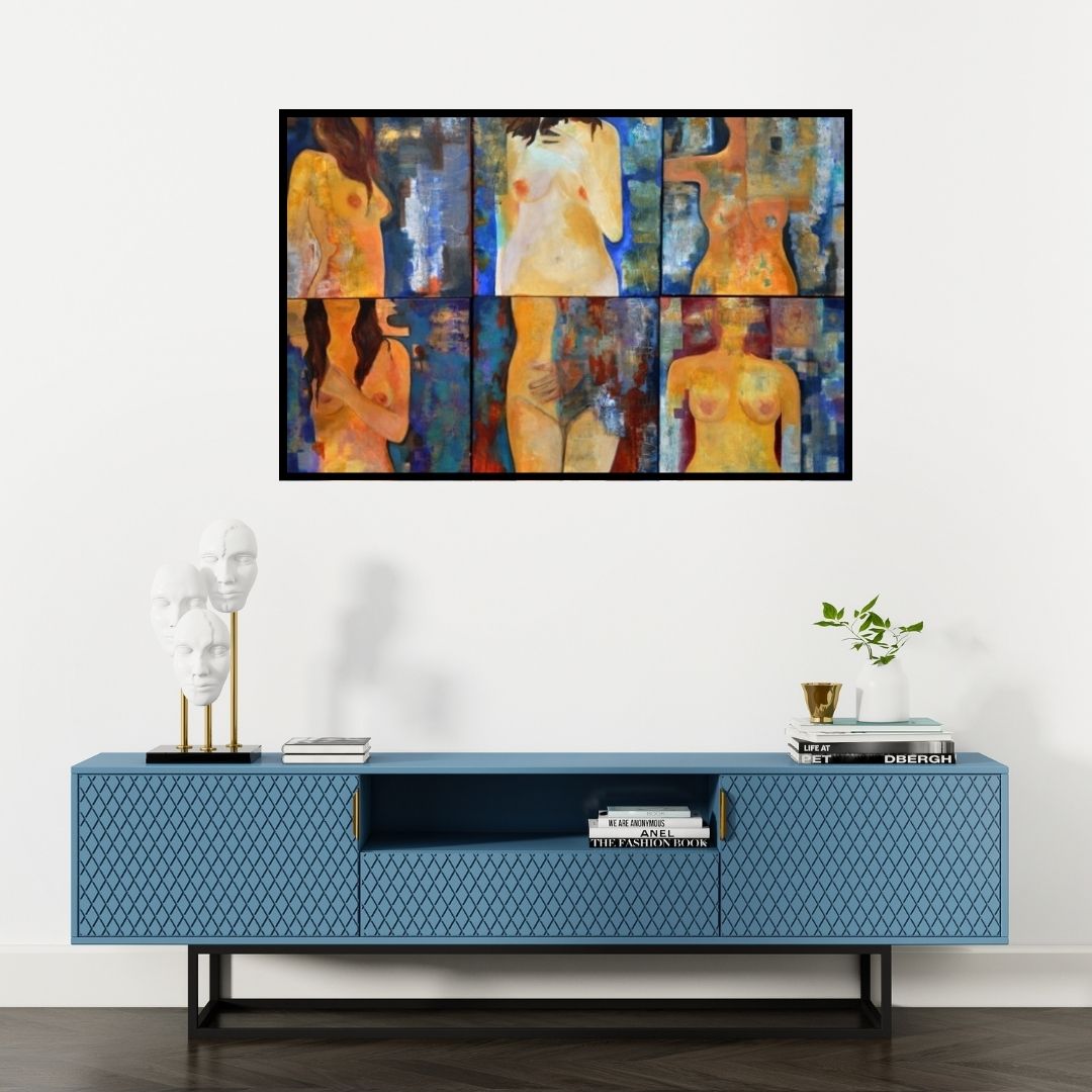 Preview of 'Untitled 4' Painting by Sunayana Malhotra shown on a wall in a furnished room.