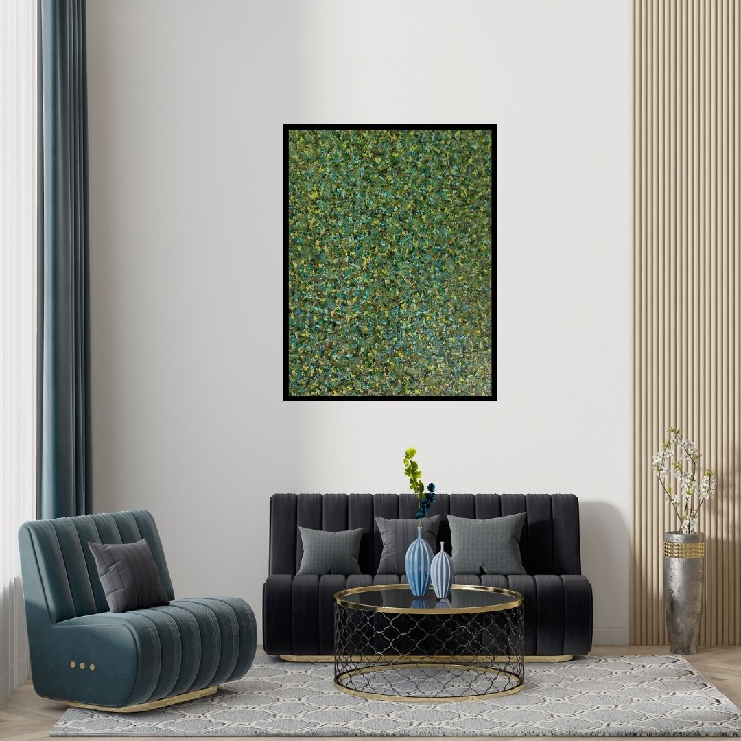 Preview of 'Untitled 4 (Emerald Reverie)' Painting by Vinit Kumar shown on a wall in a furnished room.
