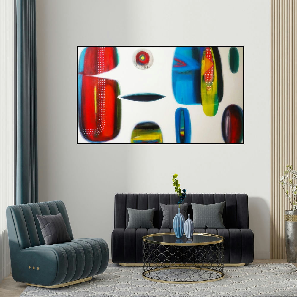 Yashwant Pawar's 'Untitled 4 (Abstract Shapes and Colors)' painting visualized above a sofa in a contemporary room.