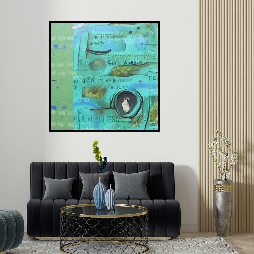 Gopal Roy's 'Untitled 4 (Bird in a Box)' painting visualized above a sofa in a contemporary room.