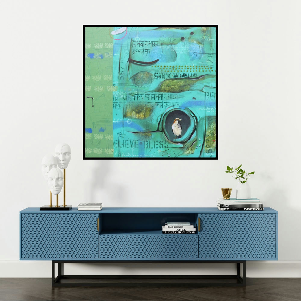 'Untitled 4 (Bird in a Box)' painting by Gopal Roy shown on a wall in a furnished room.