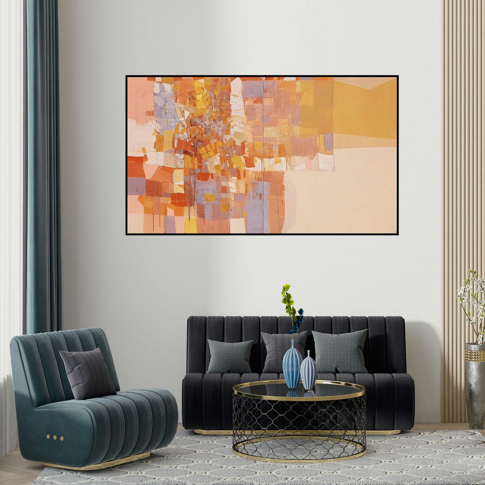 Yogesh Murkute's 'Untitled 4 (Autumnal Reverie)' painting visualized above a sofa in a contemporary room.