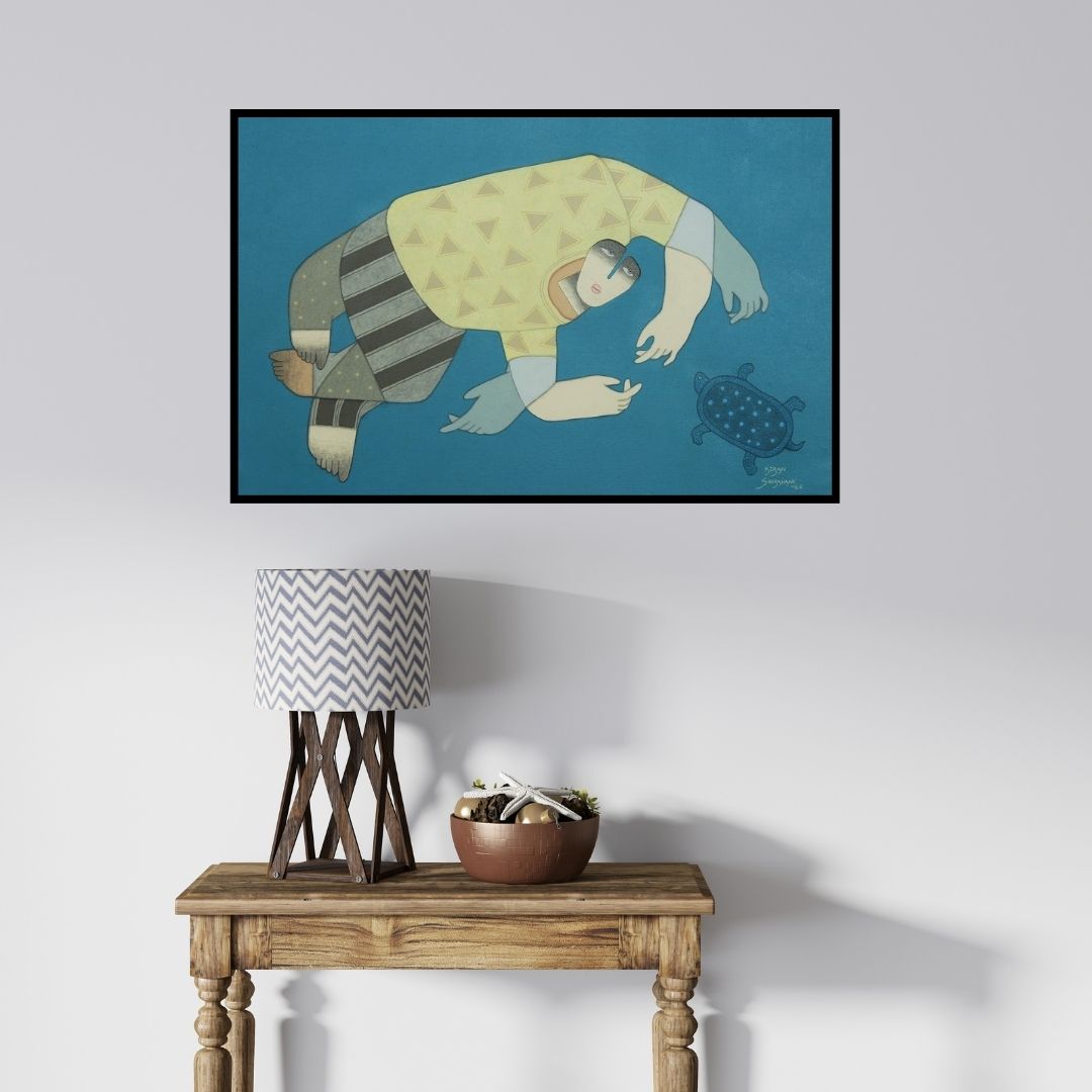 In-situ view of Kiran Sherkhane's 'Untitled 4 (The Tortoise and the Man)' painting in a room