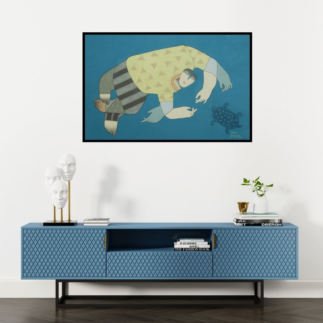 Preview of 'Untitled 4 (The Tortoise and the Man)' Painting by Kiran Sherkhane shown on a wall in a furnished room.
