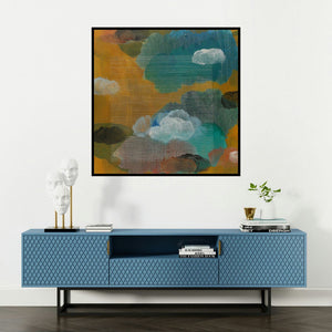 'Untitled 4 (Skyward)' painting by Mohd Majeed Mansoori shown on a wall in a furnished room.