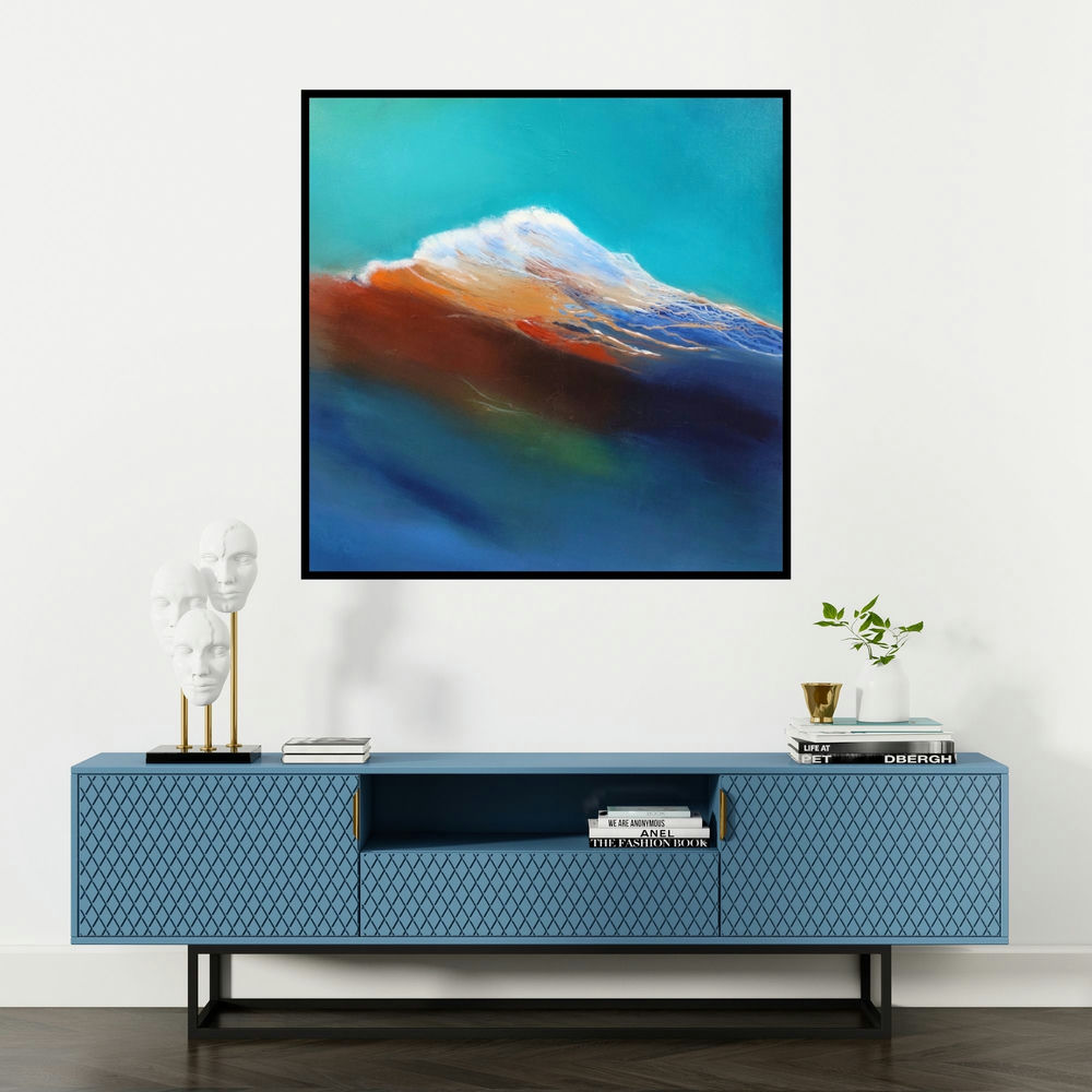 'Untitled 4 (Celestial Horizon)' painting by Sanjay Dhawale shown on a wall in a furnished room.