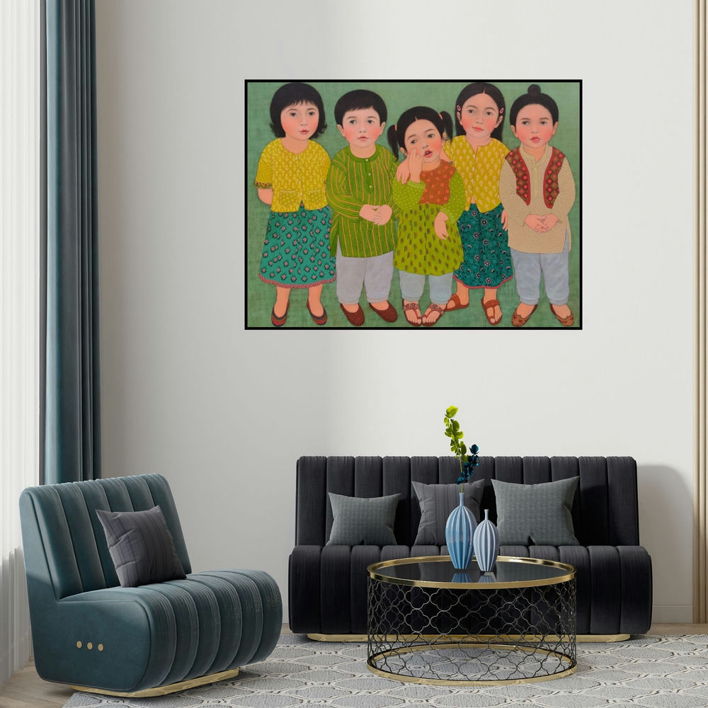 'Untitled 4 (A Portrait of Meena Laishram)' painting by Meena Laishram shown on a wall in a furnished room.
