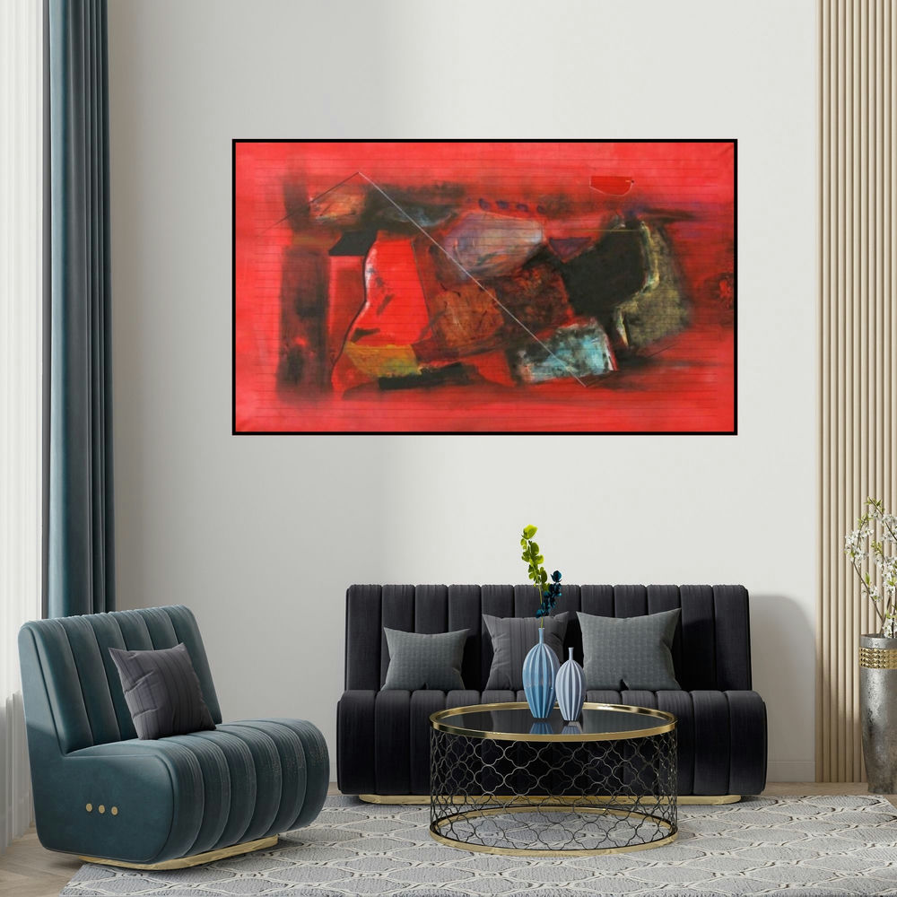Somanth Adamane's 'Untitled 4 (Crimson Currents)' painting visualized above a sofa in a contemporary room.