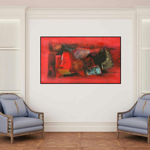 'Untitled 4 (Crimson Currents)' painting by Somanth Adamane shown on a wall in a furnished room.