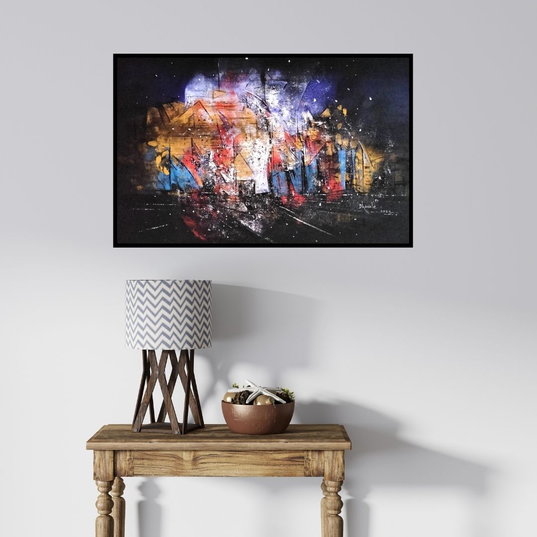 In-situ view of Dnyaneshwar Dhavale's 'Untitled 4 (Celestial Metropolis)' painting in a room